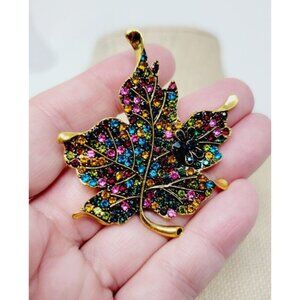 Estate Gold tone Multi Colored Leaf and butterfly  Brooch